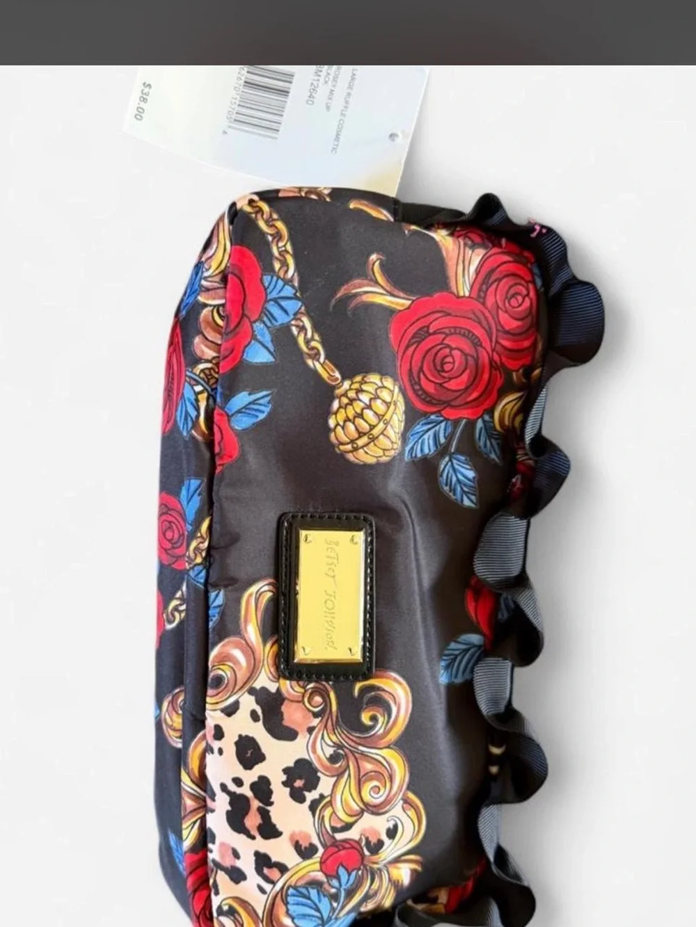 Betsey Johnson Black Floral & Leopard Print Cosmetic Bag